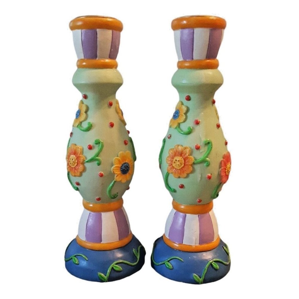 Set of 2 Candlestick Holders Funky Floral 6.5 Inches Tall